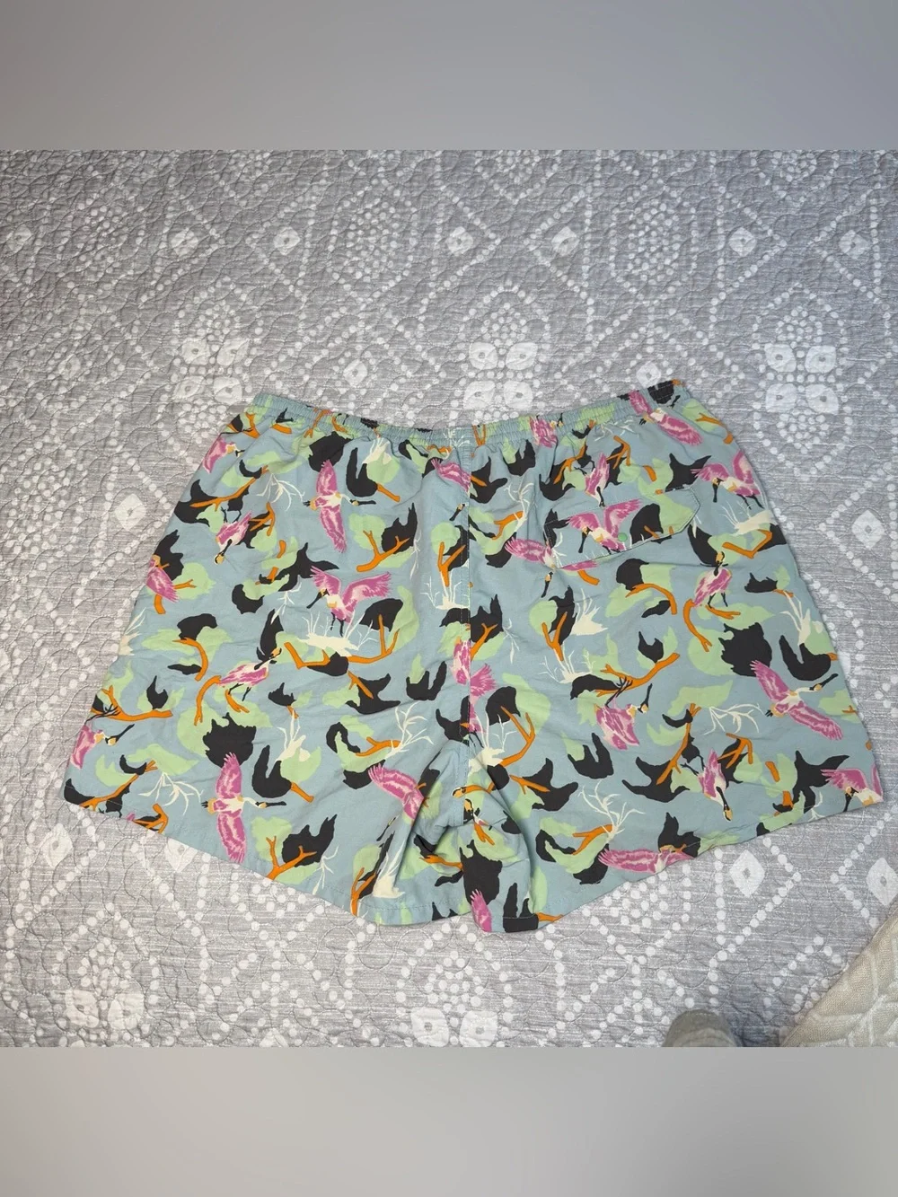 Patagonia Mint Green Tropical Bird Print Men’s Swim Trunks. Size XL.